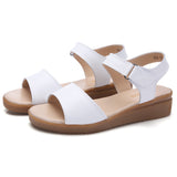 Breakj Cow Skin Slope Heel Sandals Women Korean Version Of Fashion Magic Sticky Beach Sandals One-字字 Heel Mother