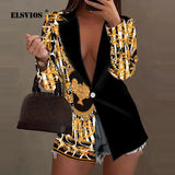 Sexy Print Suit Turn-down Collar Jacket Top Elegant Slim Single Button Coats Casual Long Sleeves Streetwear Women