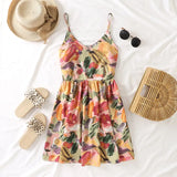 2021 Summer Sexy Floral Print Beach Party Dress Sleeveless Backless Boho Mini Pleated Dress Women Sukienki