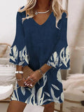 Women Fashion Printed V-Neck Three-quarter Sleeve Dress Spring Casual Loose Commuter Dress Summer Office Temperament Chic