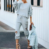 Autumn Winter Fashion Suit Women Hole Sport Two Set Casual Solid Color Long Sleeves Streetwear Irregular Elegant Party