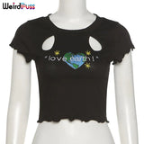 Puss Y2K Summer Skinny Women Graphic T Shirts Navel Trend Print O-Neck Stretchy Short Sleeve Crop Top Streetwear Slim