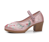 Breakj Heel Square With Women's Shoes A Word Buckle Shallow Spring And Summer New Embroidered Cloth Shoes With Horse Face Skirt High Heel Embroidered