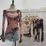 Real Shooting Lace Splicing Oblique Shoulder Thin Tie-Dye Mesh T-Shirt Girl T-Shirt T-Shirt Shawl T-Shirt