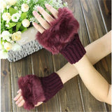 Half Finger Woolen Winter Gloves Women Knitted Warm Mittens Long Imitation Rabbit Hair Lovely Fur