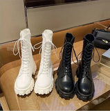 Mid-calf Boots Female Lace Up Chunky Heels Women's Platform Shoes 2021 Pu Leather Zipper Ladies Shoes Autumn