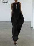 Celmia Fashion Casual Maxi Vesitdos Sleeveless Sexy Open Chest Long Robe O-neck Women Dresses Holiday Shirred Waist Tank