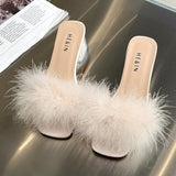Fluffy Peep Toe Sexy High Heels Women Shoes Fur Feather Lady Fashion Wedding Slip-On Pink Square Sandals Tacones