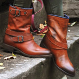 Vintage Style PU Leather Women Boots Flat Booties Soft Cowhide Women's Shoes Front Hasp Ankle Boots Zapatos