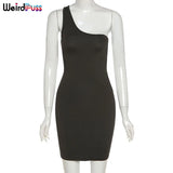 Puss Skinny Y2K Women Sexy One Shoulder Party Dress Sleeveless Backless Bandage Clubwear Street Style Elegant Slim