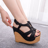 Breakj Cm Wood Grain Heel Slope And Fish Mouth Sandals Large-Size Slope And Water Table Hollow Sandals Female Quality