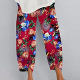 Fashion Loose Plus Size Elastic Waist Cropped Pants Casual Irregular Wide Leg Pants Multi-color Print Cotton Linen