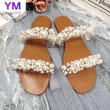 2021 Summer Women Sandals Solid Color Pearl Open Toe Flat Sandals Outdoor Beach New Fashion Plus 35-43 Zapatillas Mujer