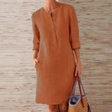Winter Autumn Button Cotton Linen Dress women Elegant O-Neck Knee length Long Sleeve Pocket Solid Dress Plus Size