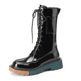 Women Motorcycle Boots Retro Female British Style Cross Straps Ladies Platform Mid-heel Booties with Side Zip Ankle