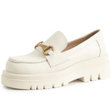Women Genuine Leather Pumps Loafers Shoes Platform High Heels Metal Decoration Thick Heel Lady Footwear Spring Brown