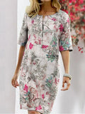 Spring Summer New Lady Casual Loose Midi Dress Women half Sleeve Vintage Printed Dresses Fashion Split Crew Neck Pullover