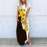 Summer New Fashion Striped Strapless Dress Loose Round Neck Short Sleeve Long Dress Casual Elegant Moon Star Printing