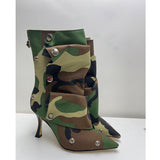 Breakj New High Heel Pointed Metal Rivet Jeans Splicing Two Wear Pile And Knee Boots Large Size Women's
