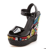 Black Patent Leather Wedge Sandals Multi-color Crystal Embellished Wedge Sandals Ultra Weave Braid Heel