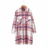 Women Khaki Plaid Long Woolen Jacket Female Fashion Turn-down Collar Coat Girls Chic