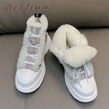 Genuine Leather Ankle Boots Woman Real Wool Fur Snow Boots Flat Platform Shoes Lace Up Short Boots Female Winter Size
