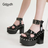 Great Quality Plus Size 43 Chunky High Heel Shoes Black Gothic Cool Summer Platform Sandals Women Ankle Buckle