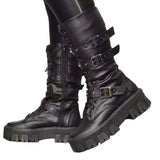 Breakj Women's Leather Boots In Autumn With The British Belt Buckle Punk Style Handsome Long Barrel Knight