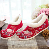 Flat Shoes Warm Winter Embroidered Chinese Ethnic Style Plus Velvet Female Cotton Shoes Pointed Toe 2021 Ladies