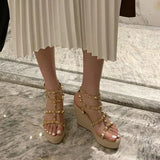 Sandals Woman Leather Suit Female Beige High Heels Shoes Muffins shoe Clogs Wedge Open Toe Low-heeled Studded Black