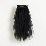 Tulle Skirts Women High Waist Mesh Skirt Hem Asymmetrical Pleated Midi Skirt Female Black Pink Summer Mid-calf