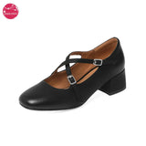 Retro Cowhide Genuine Leather Single Shoe Female Cross Strap Med Chuncky Heel Round Toe French Mary Jane Pumps Sheepskin