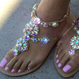 Woman Sandals Fashion Shoes Rhinestones Chains Thong Gladiator Flat Sandals Crystal Chaussure Plus Size 42 tenis