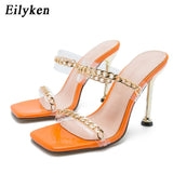 Clear PVC Transparent High Heel Slippers Summer Fashion Chain Design Slip On Square Toe Slides Women Mules