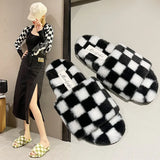Spring Autumn Womans Slippers Fashion Chessboard Shoes Open Toes Checkerboard Shoes for Women Grid Flats Plaid Woman