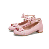 Fashion Cosplay Party Princess Lolita Women Shoes Low Heel Mary Jane Butterfly-Knot Block Pumps Shining Strawberry
