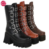 Brand Design Big Size 43 Black Gothic Style Cool Punk Motorcycles Boots Female Platform Wedges High Heels Calf Boots Women