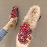 big size rabbit fur winter flat shoes woman silver/pink glitter fluffy flats crystal bowtie moccasins female fur loafers