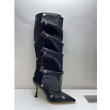 Breakj New High Heel Pointed Metal Rivet Jeans Splicing Two Wear Pile And Knee Boots Large Size Women's