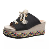 Summer New Slope Heels Color Braided Slippers Women's Large Size Straw Lace Heightened Women's High-Heeled