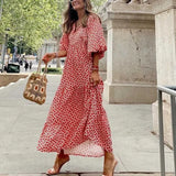 Summer Women New Fashion Casual Patchwork Printed Puff Sleeves Long Dress Elegant Slim V Neck Streetwear Elegant