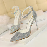 Breakj Korean Version Of Sweet High Heels With High Heel Shallow Pointed Hollow Out A Word With Shiny Rhinestone