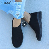 Air Mesh Sneakers Stretch Knitted Autumn Flat Shoe Spring Breathable Casual Walking Vulcanize Shoes Female Plus