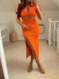 Chic Front Hollow Out Orange Midi Dress Women 2021 Fashion V-Neck Side Split Strap Dress Female Elegant
