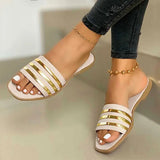 2022 Bling Metal Striped Slippers Women Summer Flat Shoes 2021 Fashion Slip On Slides Outdoor Female Casual Women's