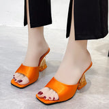 Breakj High Heel Slippers Female Summer Square Head Solid Color A Word Wear Fashion Versatile Ladies Large Size