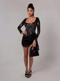 Long-Sleeved Sexy Lace Fish Bone Girded Waist Dress Autumn And Winter New Short