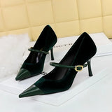 Breakj Banquet High Heels Fine Heel Shallow Pointed Top Xishi Suede Stitching Pointed Metal Buckle One Word Strip Single