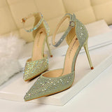 Breakj Korean Version Of Sweet High Heels With High Heel Shallow Pointed Hollow Out A Word With Shiny Rhinestone