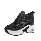 White Shoes Breathable Mesh Chunky Platform Sneakers Summer Ladies Lace Floral Hollow Out Wedge Heels Casual Footwear